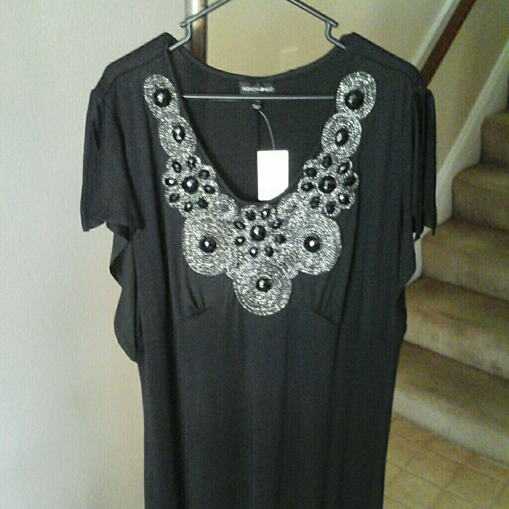 2000’s whimsigoth Fashion Bug Black Midi Dress with Silver Beaded Neck Bib